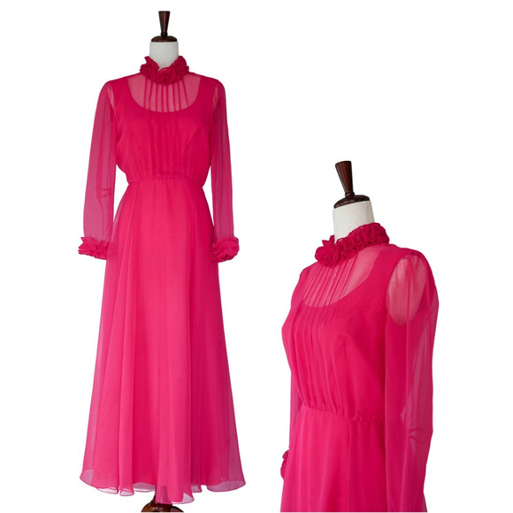 VTG 70s Miss Elliette Ruffled Maxi Dress 8 Retro MCM Wedding Hollywood Glam Gown - Picture 1 of 16